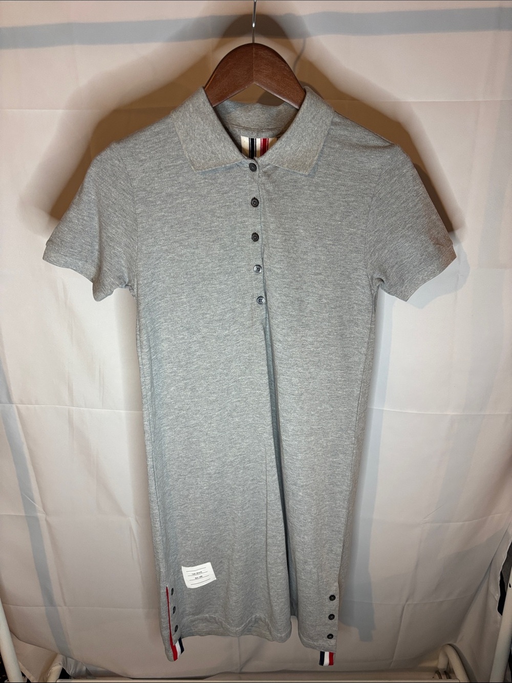 Thom Browne Grey Polo Dress with Signature Red-White-Blue Back Stripe
